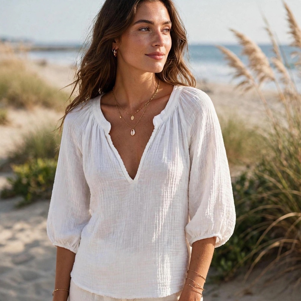 Nation LTD White Cotton Gauze V-Neck Balloon‎ Sleeve Blouse L Made in USA